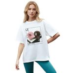 CADDEKOMBIN Retro Şapka Baskılı Yuvarlak Yaka T-shirt, 2XL, cadde-031, Beyaz, Kadın