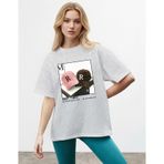 CADDEKOMBIN Retro Şapka Baskılı Yuvarlak Yaka T-shirt, 2XL, cadde-031, Gri, Kadın