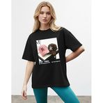 CADDEKOMBIN Retro Şapka Baskılı Yuvarlak Yaka T-shirt, 2XL, cadde-031, Siyah, Kadın