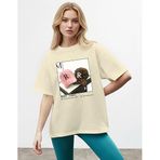 CADDEKOMBIN Retro Şapka Baskılı Yuvarlak Yaka T-shirt, L, cadde-031, Bej, Kadın