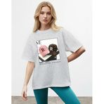 CADDEKOMBIN Retro Şapka Baskılı Yuvarlak Yaka T-shirt, L, cadde-031, Gri, Kadın