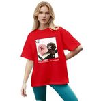 CADDEKOMBIN Retro Şapka Baskılı Yuvarlak Yaka T-shirt, L, cadde-031, Kırmızı, Kadın