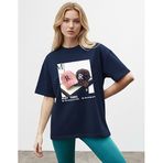 CADDEKOMBIN Retro Şapka Baskılı Yuvarlak Yaka T-shirt, L, cadde-031, Lacivert, Kadın