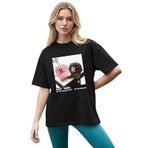 CADDEKOMBIN Retro Şapka Baskılı Yuvarlak Yaka T-shirt, L, cadde-031, Siyah, Kadın