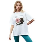 CADDEKOMBIN Retro Şapka Baskılı Yuvarlak Yaka T-shirt, M, cadde-031, Beyaz, Kadın