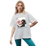 CADDEKOMBIN Retro Şapka Baskılı Yuvarlak Yaka T-shirt, M, cadde-031, Gri, Kadın