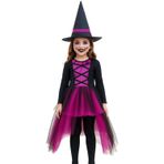 Cadılar Bayramı Halloween Fuşya-Siyah 7-8 Yaş Şapkalı Cadı Kız Çocuk Kostümü