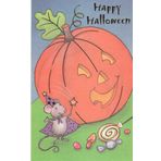 Cadılar Bayramı Kostümünde Sevimli Fare ile Mutlu Gülümseyen Balkabağı Giyinmiş Sihirbaz ve Nefis Trick Or Treat Candy Happy Halloween Tebrik Kartı - Cadılar Bayramı ve Ay A-Glow! Cadılar, Goblinler