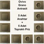Çağatay Elektrik Ovivo Grano Antrasit 5 Adet Anahtar + 5 Adet Topraklı Priz