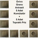 Çağatay Elektrik Ovivo Grano Antrasit 5 Adet Komütatör + 5 Adet Topraklı Priz