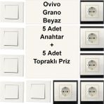 Çağatay Elektrik Ovivo Grano Beyaz 5 Adet Anahtar + 5 Adet Topraklı Priz