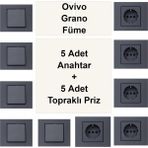 Çağatay Elektrik Ovivo Grano Füme 5 Adet Anahtar + 5 Adet Topraklı Priz