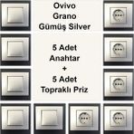 Çağatay Elektrik Ovivo Grano Gümüş Silver 5 Adet Anahtar + 5 Adet Topraklı Priz
