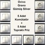 Çağatay Elektrik Ovivo Grano Gümüş Silver 5 Adet Komütatör + 5 Adet Topraklı Priz
