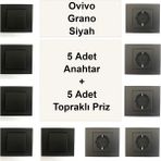Çağatay Elektrik Ovivo Grano Siyah 5 Adet Anahtar + 5 Adet Topraklı Priz