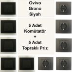 Çağatay Elektrik Ovivo Grano Siyah 5 Adet Komütatör + 5 Adet Topraklı Priz