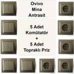 Çağatay Elektrik Ovivo Mina Antrasit 5 Adet Komütatör + 5 Adet Topraklı Priz