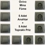 Çağatay Elektrik Ovivo Mina Füme 5 Adet Anahtar + 5 Adet Topraklı Priz