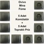 Çağatay Elektrik Ovivo Mina Füme 5 Adet Komütatör + 5 Adet Topraklı Priz