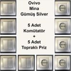 Çağatay Elektrik Ovivo Mina Gümüş Silver 5 Adet Komütatör + 5 Adet Topraklı Priz