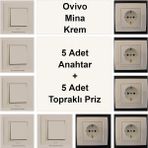 Çağatay Elektrik Ovivo Mina Krem 5 Adet Anahtar + 5 Adet Topraklı Priz