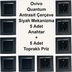 Çağatay Elektrik Ovivo Quantum Antrasit Çerçeve Siyah Mekanizma 5 Adet Anahtar + 5 Adet Topraklı Priz