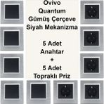 Çağatay Elektrik Ovivo Quantum Gümüş Çerçeve Siyah Mekanizma 5 Adet Anahtar + 5 Adet Topraklı Priz