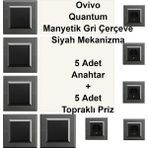 Çağatay Elektrik Ovivo Quantum Manyetik Gri Çerçeve Siyah Mekanizma 5 Adet Anahtar + 5 Adet Topraklı Priz