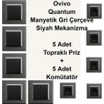 Çağatay Elektrik Ovivo Quantum Manyetik Gri Çerçeve Siyah Mekanizma 5 Adet Topraklı Priz + 5 Adet Komütatör