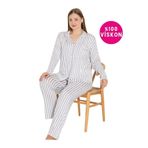 ÇAĞRI HOMEWEAR Kadın Büyük Beden Viskon Önden Düğmeli Gömlek Yaka Göğüs Cepli Uzun Kol Mevsimlik Pijama Takımı