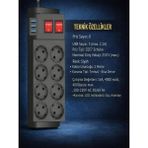 CAILON 4000W, 16A, Akım Korumalı Priz 8xpriz, 3xusb, 2mt Kablo, Çoklayıcı - Siyah