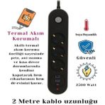 CAILON Termal Akım Korumalı 3lü Priz 2-Usb 1-Usbc 2mt Kablo Aç Kapa Anahtar 2500 Watt - Siyah
