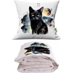 Caisya Ay Işığı Kedi Baskılı Dekoratif Yastık Kırlent Opsiyonel Battaniye - 115 x 170 cm - Renkli