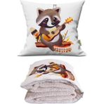 Caisya Gitarlı Rakun Baskılı Dekoratif Yastık Kırlent Opsiyonel Battaniye 2 In 1 - 110 x 170 cm - Renkli