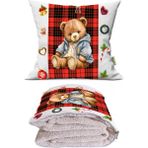 Caisya Home Yılbaşı Özel Seri Sevimli Ayıcık Teddy Bear Baskılı Dekoratif Yastık Kırlent Opsiyonel Battaniye 2 In 1 - Renkli - 110 x 170 cm