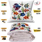 Caisya Nakışlı Punch Efektli Balıklar Baskılı Tv Battaniyesi Olabilen Dekoratif Yastık Kırlent Battaniye - 115 x 170 cm - Renkli