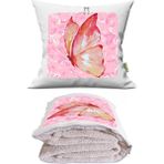 Caisya Pembe Kelebek Baskılı Dekoratif Yastık Kırlent Opsiyonel Battaniye 2 In 1 - 115 x 170 cm - Renkli