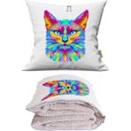 Caisya Renkli Kedi Baskılı Dekoratif Yastık Kırlent Opsiyonel Battaniye - 115 x 170 cm