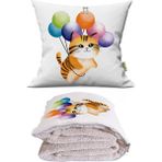 Caisya Uçan Balonlu Kedicik Baskılı Dekoratif Yastık Kırlent Opsiyonel Battaniye 2 In 1 - 110 x 170 cm - Renkli