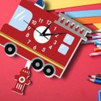 caju art & decoration Ahşap Sallanan Sarkaçlı Itfaiye Arabası Çocuk Duvar Saati