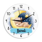 caju art & decoration CajuArt Ayda Uyuyan Sevimli Ayı Kişiye Özel Mavi Çocuk Odası Duvar Saati