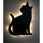 caju art & decoration Dekoratif Büyük Boy Led Işıklı Oturan Kedi Ahşap Tablo
