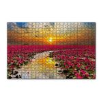 Cakapuzzle Günbatımında Gölde Pembe Çiçekler 120 Parça Ahşap Puzzle