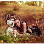 Cakatablo Ahşap Tablo Çayırda Uzanan Kız ve Husky