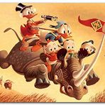 Cakatablo Ahşap Tablo Donald Duck ve Torunları Gergedan Üzerinde