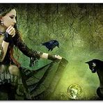 Cakatablo Ahşap Tablo Gotik Kız Kara Kedi Karga ve Cam Küre