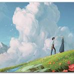 Cakatablo Ahşap Tablo Howls Moving Castle Aşıklar Çiçekler Bulut Görseli