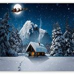 Cakatablo Ahşap Tablo Kulübe Karlı Dağ Geyikler ve Noel Baba