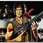 Cakatablo Ahşap Tablo Rambo Makineli Tüfek ve Arkaplanda Helikopter ve Polisler