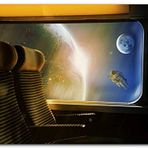 Cakatablo Ahşap Tablo Tren Penceresinden Dünya Ay ve Astronot